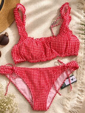 Wild Fable Red Gingham Seersucker Bikini Set XL NWT Ruffle Tie Side
